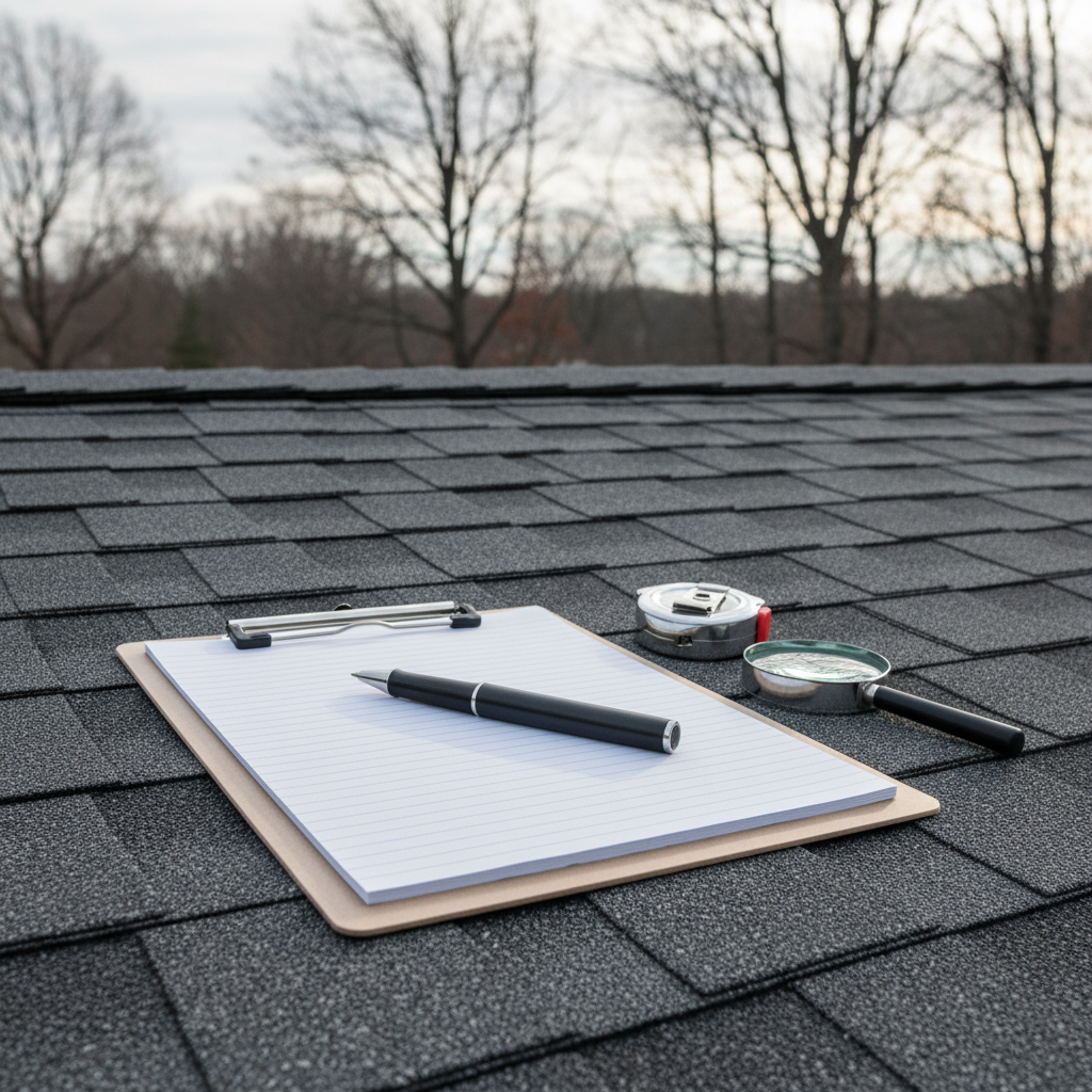 Insurance claim clipboard, pen, tape measure, and magnifying glass resting on an asphalt shingle roof during an inspection on a Maryland home