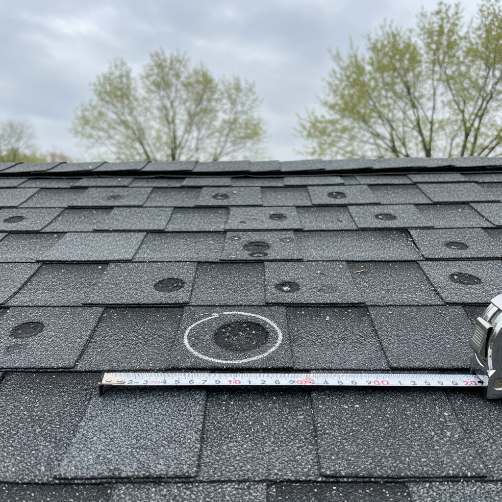 Close-up of hail-damaged asphalt shingles with chalk-circled impact marks and a tape measure extended for scale, documenting an insurance claim on a Maryland suburban roof