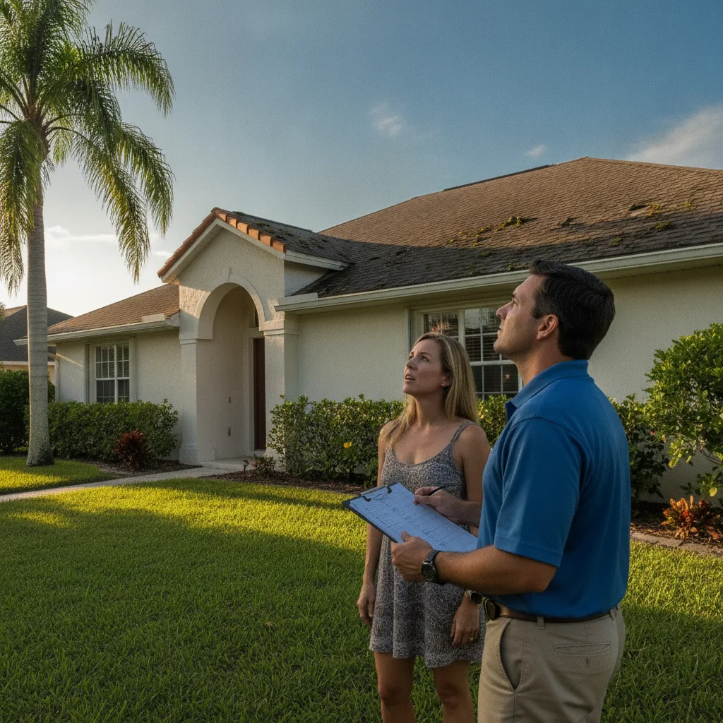 Home inspector with a clipboard and a Florida homeowner standing in the front yard looking up at the asphalt shingle roof of a single-story home during a 4-point inspection
