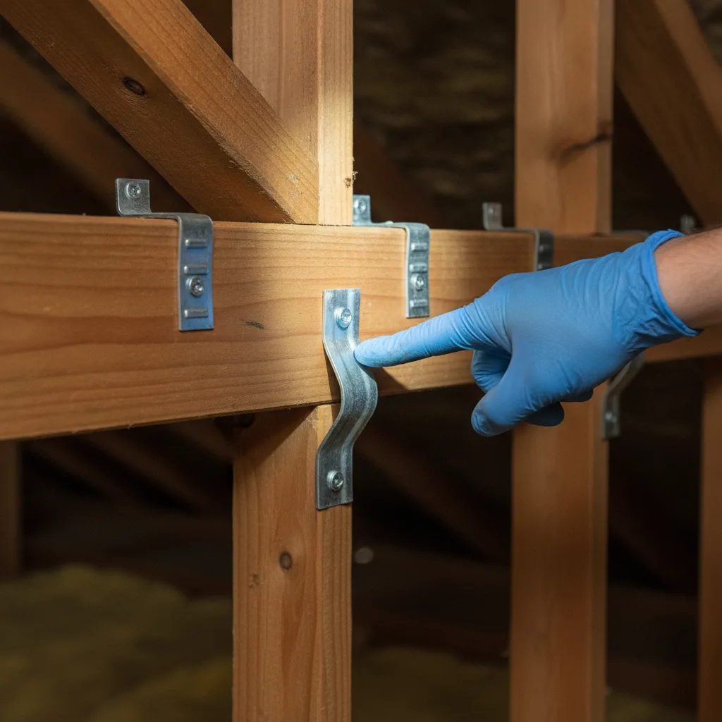 Inspector's gloved hand pointing at galvanized hurricane straps connecting roof trusses to the wall framing inside a Florida home attic during a wind mitigation inspection