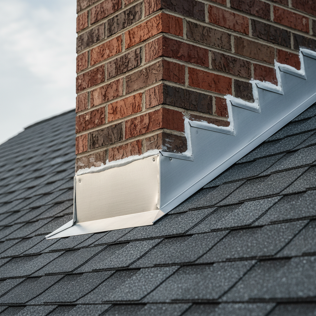 New aluminum step flashing installed around a brick chimney with fresh charcoal asphalt shingles by Supreme Restorations