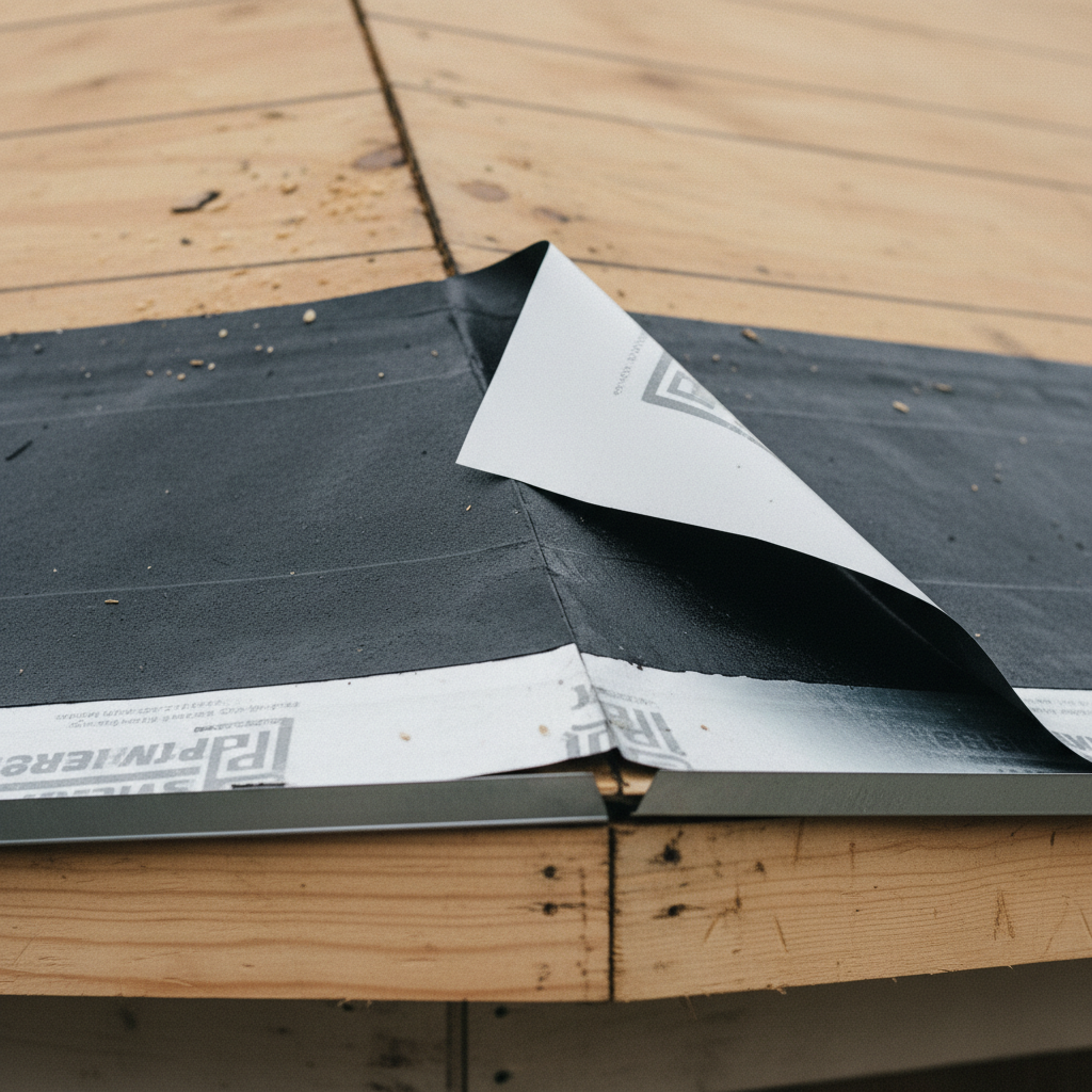 Self-adhering ice-and-water shield membrane being installed along the eave edge of a Maryland roof