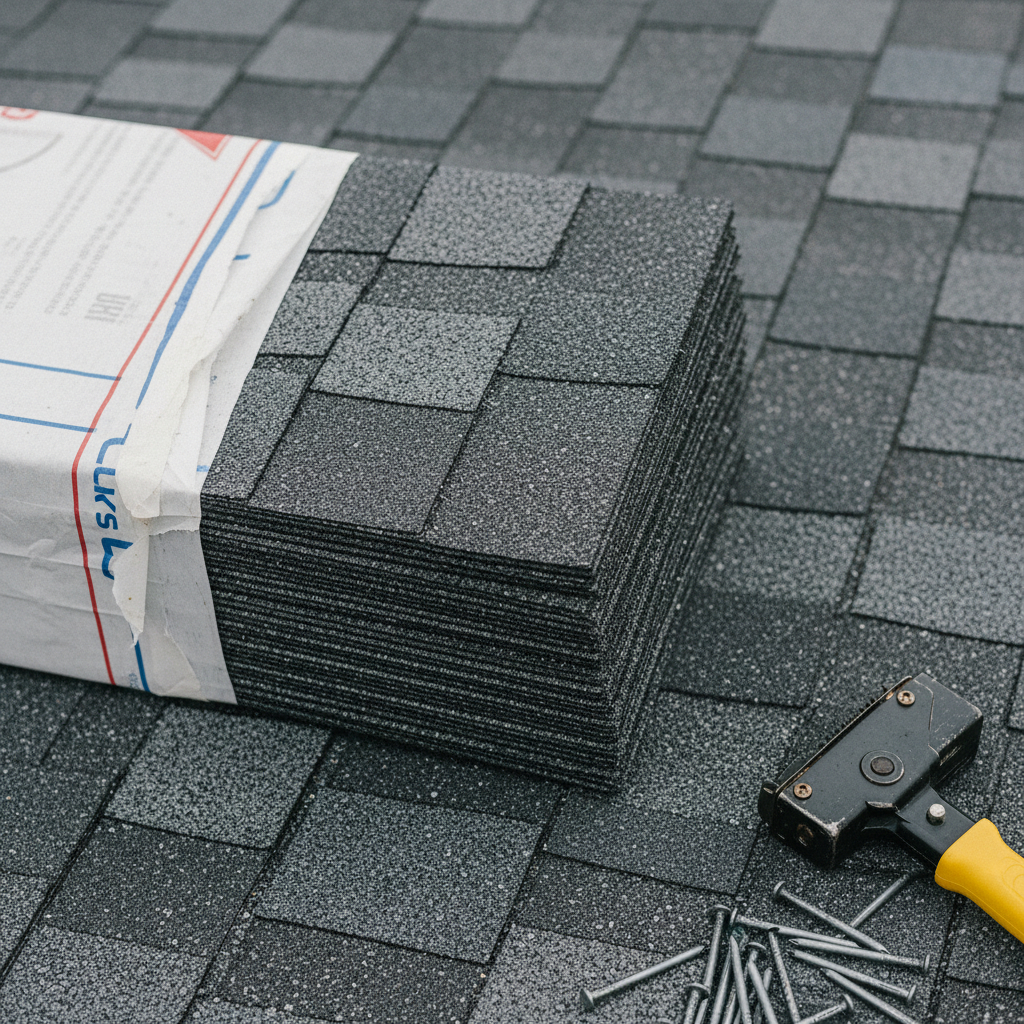 Close-up of a bundle of new charcoal architectural asphalt shingles on a Maryland rooftop ready for installation