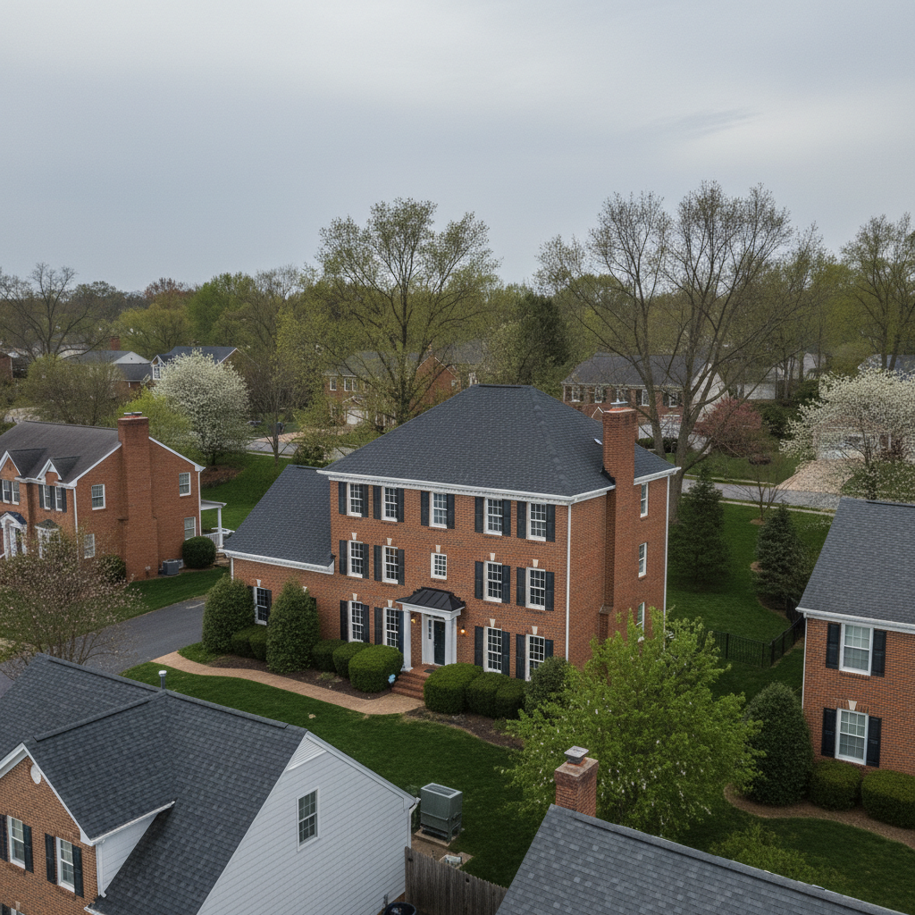 Freshly installed architectural asphalt shingle roof on a Maryland colonial home after Supreme Restorations completed the insurance-covered replacement