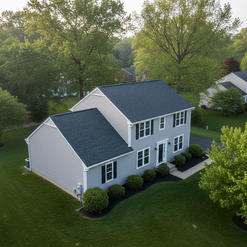 Aerial view of a Maryland home fully restored by Supreme Restorations after a storm insurance claim