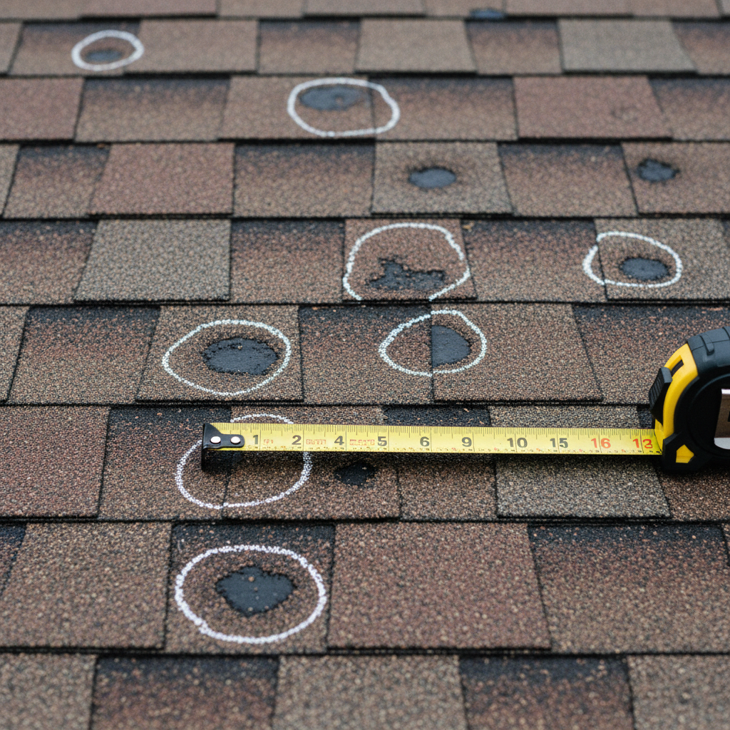 Hail-damaged asphalt shingles on a Maryland roof with chalk-circled bruises and a tape measure laid across. Adjuster-ready insurance documentation by Supreme Restorations