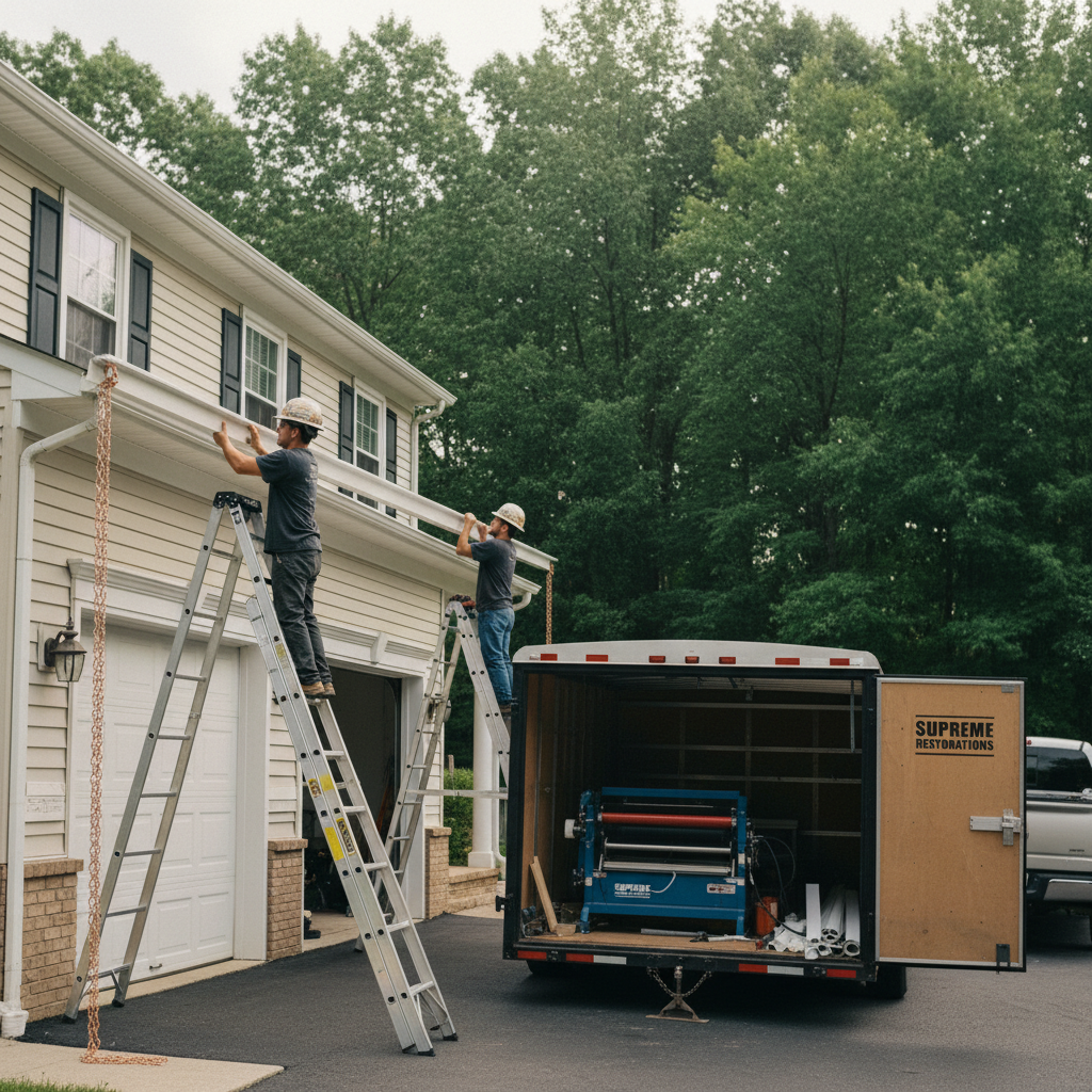 Two Supreme Restorations gutter technicians on extension ladders mounting a long seamless aluminum gutter across the fascia of a Maryland home, with the on-site gutter-forming trailer parked in the driveway