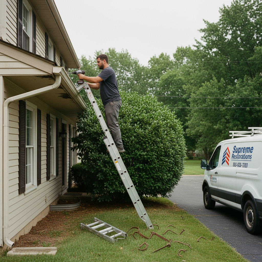 Supreme Restorations gutter technician on an extension ladder re-securing a sagging aluminum gutter with a cordless impact driver, branded work van parked in the driveway