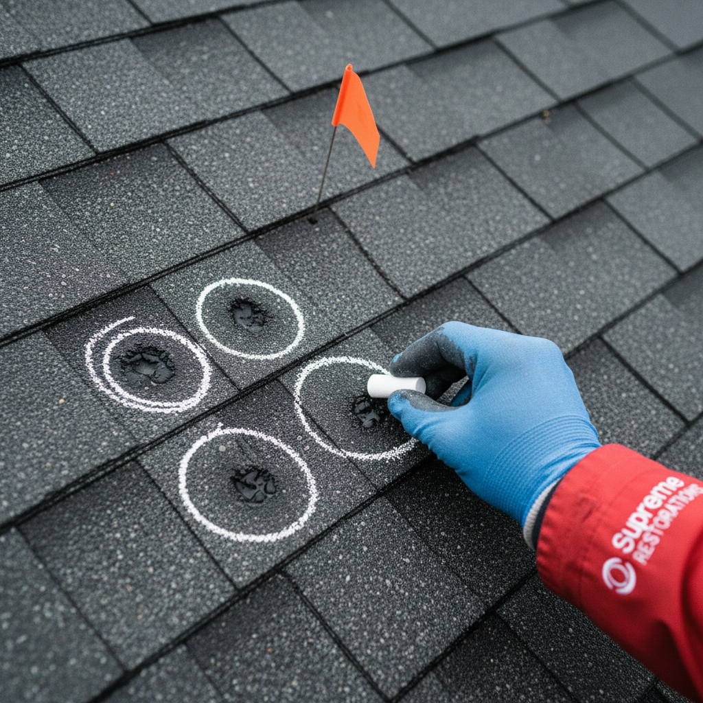 Supreme Restorations inspector's gloved hand chalk-circling visible hail impact marks on a gray asphalt shingle, orange marking flag in the next shingle course