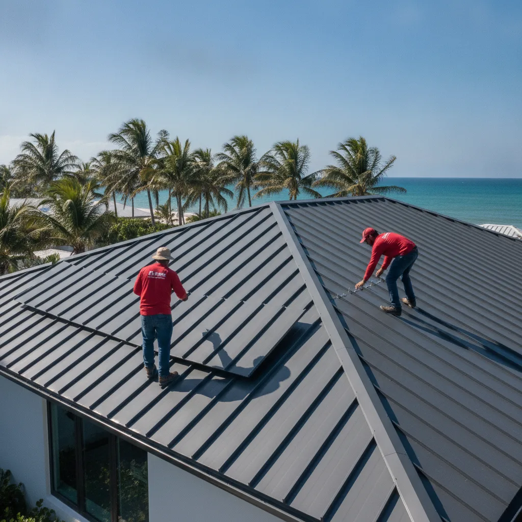 Supreme Restorations installers in red branded shirts fastening charcoal standing-seam metal roof panels on a South Florida coastal home with palm trees and the Atlantic in the background