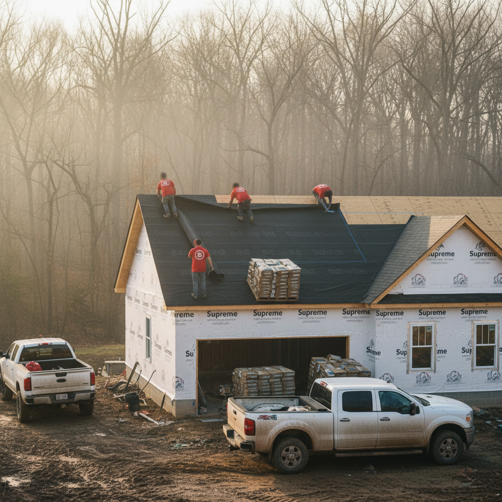 Supreme Restorations crew spreading fresh underlayment and stacking shingle bundles on a brand-new construction Maryland home still wrapped in house wrap