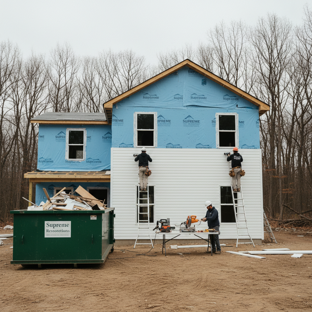 Supreme Restorations siding crew installing white vinyl lap siding on a brand new construction Maryland home with house wrap still visible on upper stories, miter saw and dumpster on site