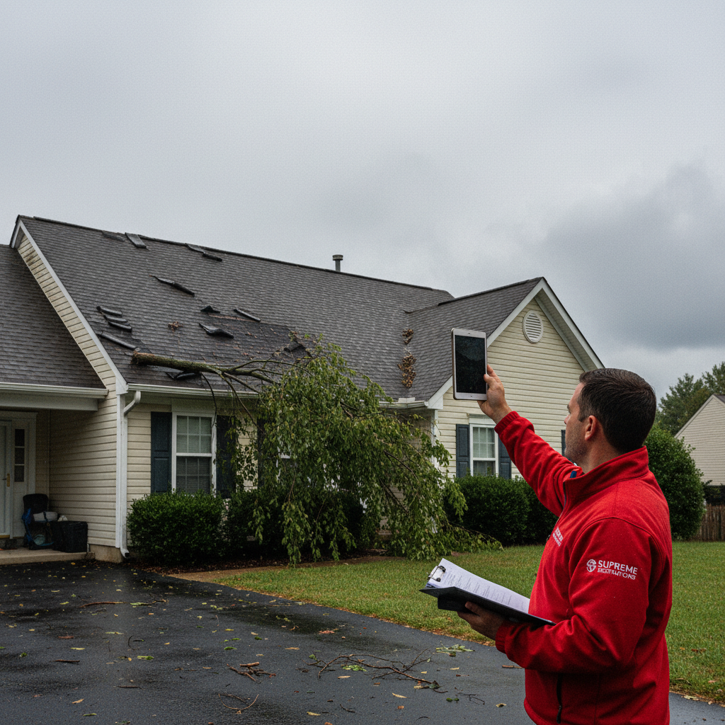 Supreme Restorations project manager documenting storm damage to a Maryland home the morning after a thunderstorm with a tablet, clipboard in hand, fallen tree branch across the roof