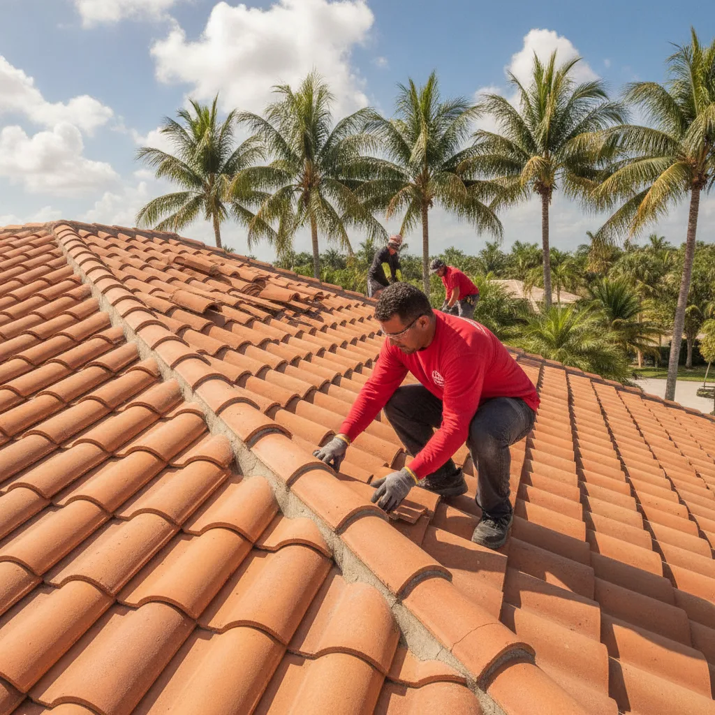 Supreme Restorations roofer in a red branded shirt replacing a cracked terracotta barrel tile on a South Florida home with palm trees and blue sky behind